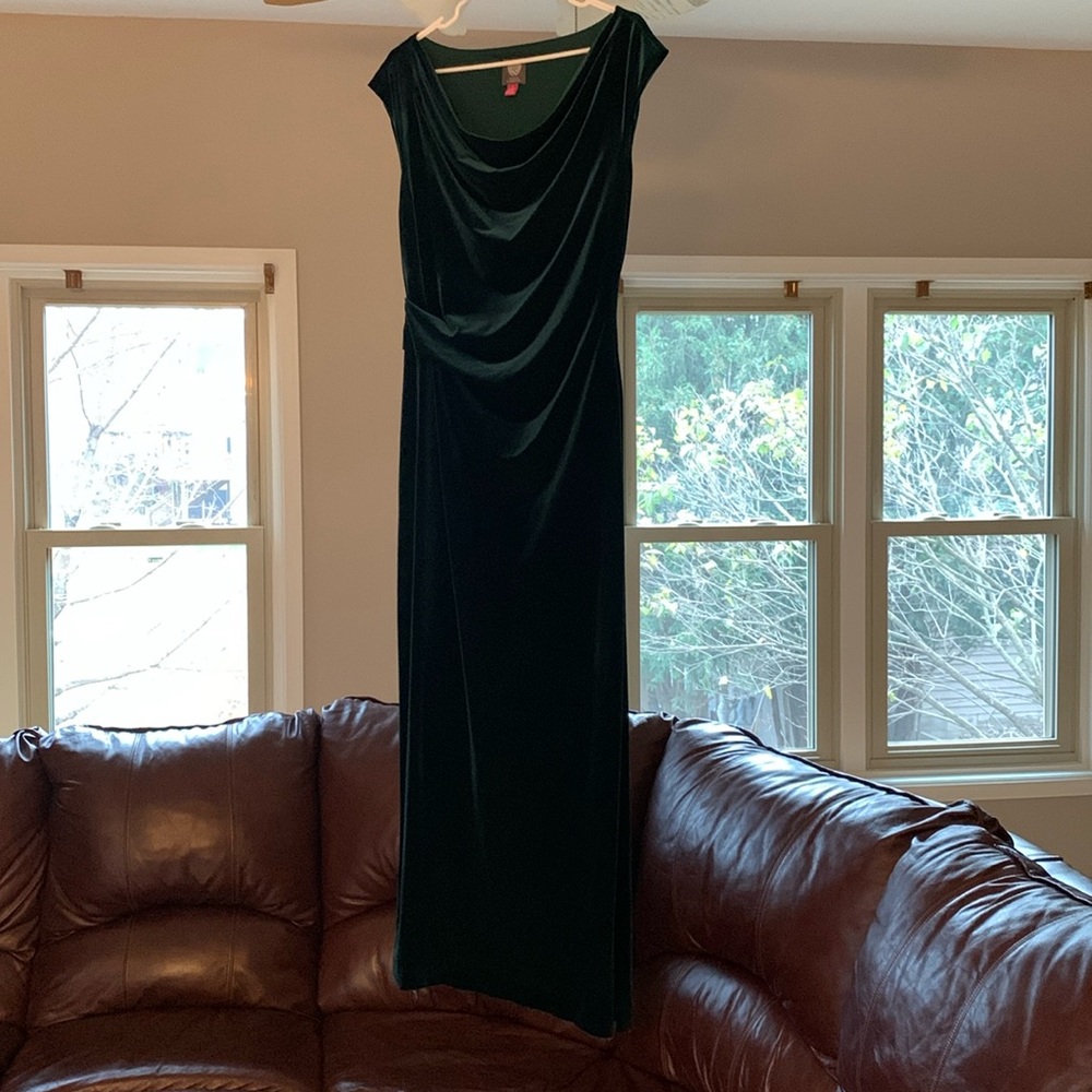 Vince Camuto cowl-neck hunter green long velour dress